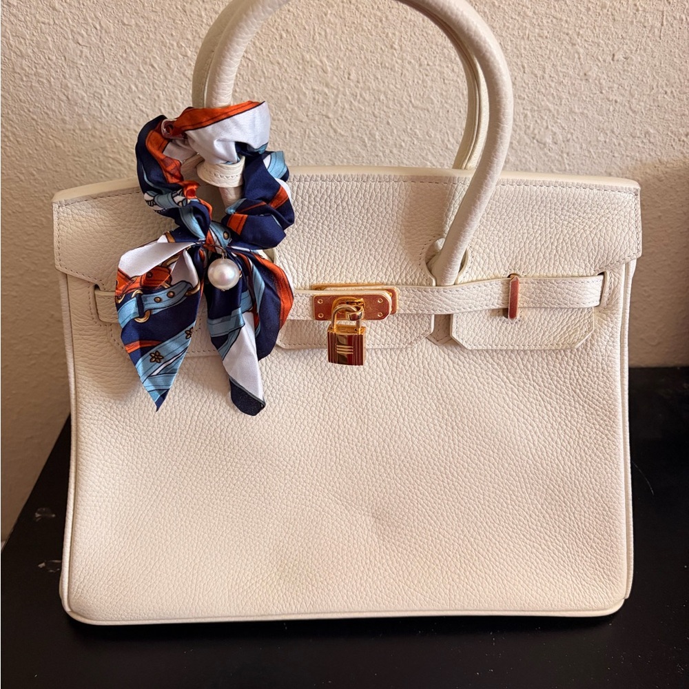 Elegant leather Cream Handbag with Scarf Accent - Birkin inspired size 35